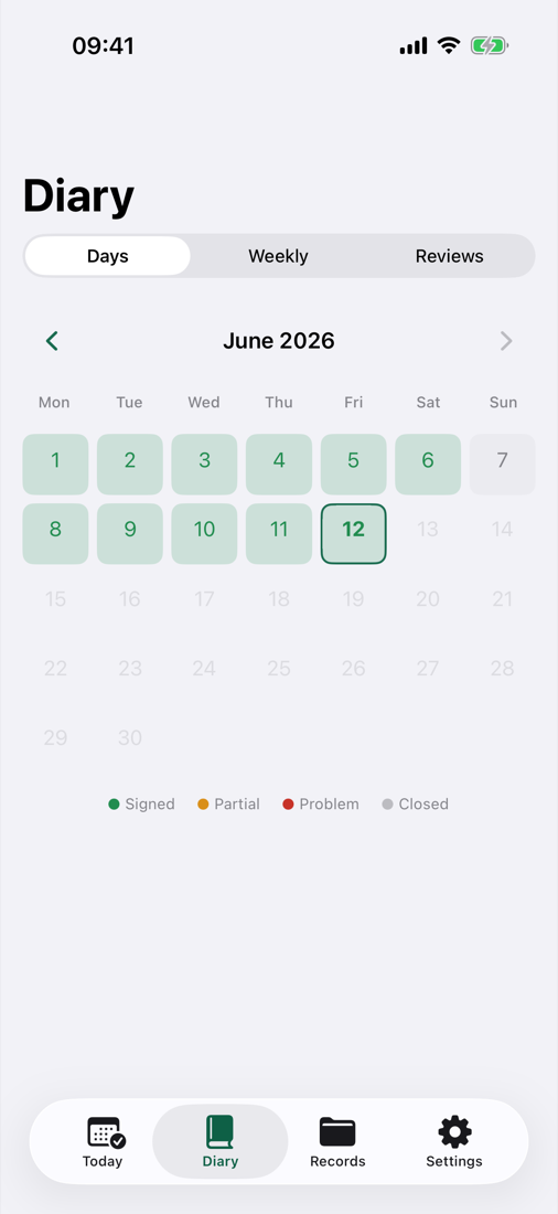 A calendar month of diary days marked green for signed