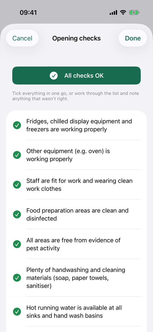 The opening checks list with every item ticked and an All checks OK button