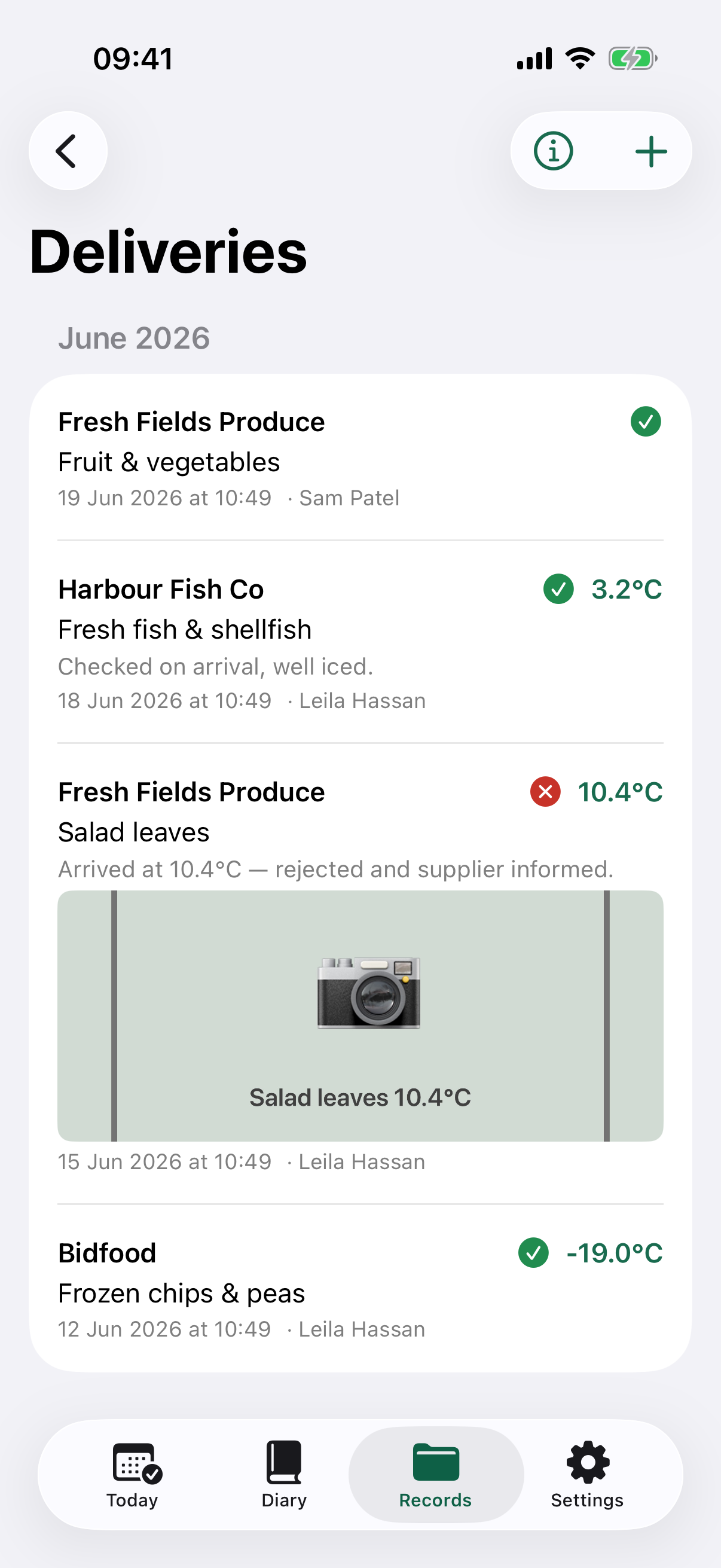 The deliveries log showing accepted and rejected goods, with a photo of a rejected delivery